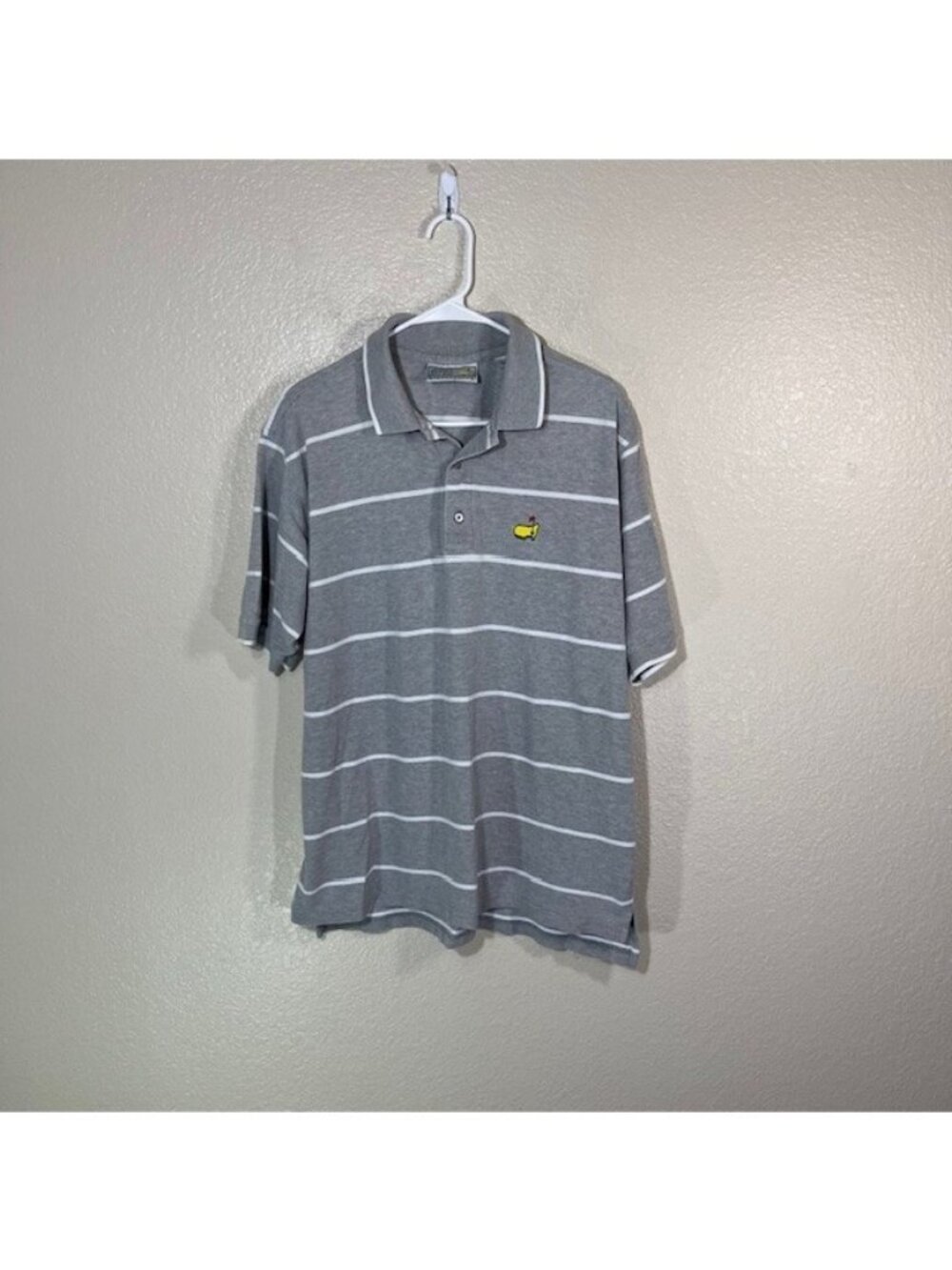 Masters Golf Polo Mens Large Gray White Striped Cotton Shirt Logo